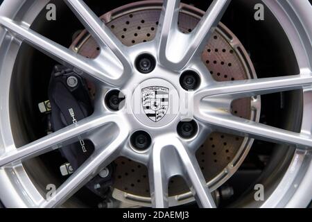 Logo of Porsche on wheel on display at THE 41st BANGKOK INTERNATIONAL MOTOR SHOW 2020 on July 14, 2020 in Nonthaburi, Thailand. Stock Photo