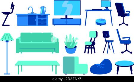 Furniture for smart home flat color vector objects set Stock Vector