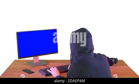 Hacker in hood cracking code using pc on white background. Stock Photo