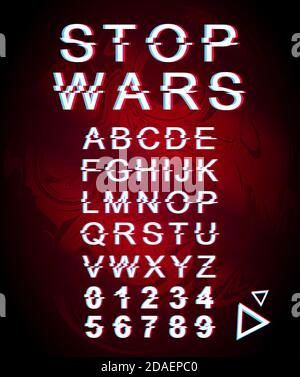 Stop wars font template. Retro futuristic style vector alphabet set on red marbling background. Capital letters, numbers and symbols. Pacifism Stock Vector
