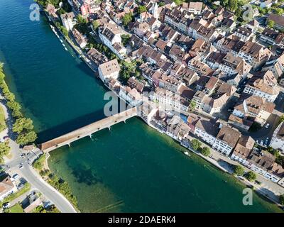 Aerial image of Swiss old town Diessenhofen with old wooden covered bridge over the Rhine river, Canton Thurgau, Switzerland Stock Photo