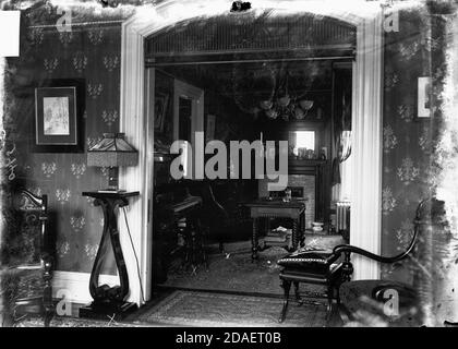 Living room inside the residence of Police Chief George M. Shippy where Lazarus Averbuch was killed, Chicago, Illinois, circa March 16, 1908. Stock Photo