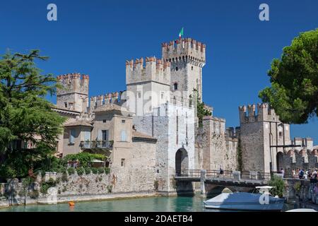geography / travel, Italy, Lombardy, Sirmione, Lake Garda, harbour with Castello Scaligero in Sirmione, Additional-Rights-Clearance-Info-Not-Available Stock Photo