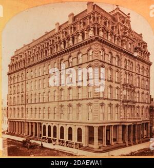 Exterior view of Palmer House, located at State and Quincy Streets, Chicago, Illinois, circa 1871. Stock Photo