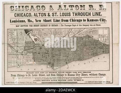 Chicago & Alton Railroad map of Chicago, Illinois, showing the burnt district after the Fire of 1871. Stock Photo