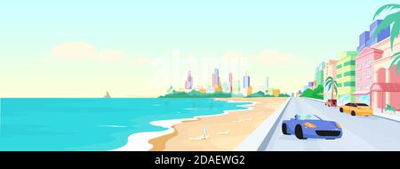 Miami beach at daytime flat color vector illustration Stock Vector