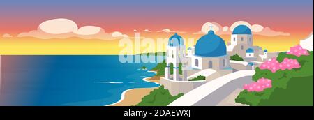 Santorini islands flat color vector illustration Stock Vector