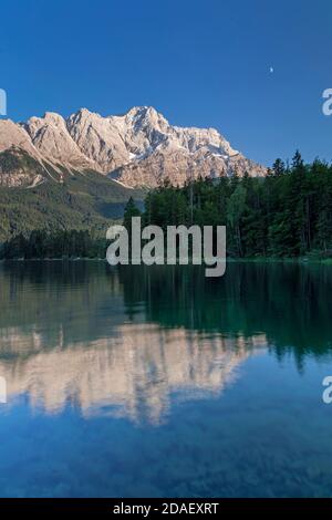 geography / travel, Germany, Bavaria, Grainau, Eibsee (lake) in front of Zugspitze Massif with Zugspit, Additional-Rights-Clearance-Info-Not-Available Stock Photo