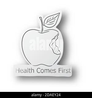 black line hand drawn of bitten apple on cut paper with shadow and word Health Comes First isolated on white background Stock Vector