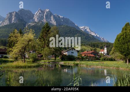 geography / travel, Germany, Bavaria, Grainau, view across Grainau at Waxensteine, Riffelwand mountain, Additional-Rights-Clearance-Info-Not-Available Stock Photo