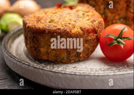 Fresh veggie burgers made from vegetables, beans and legumes, tasty vegan food close up Stock Photo