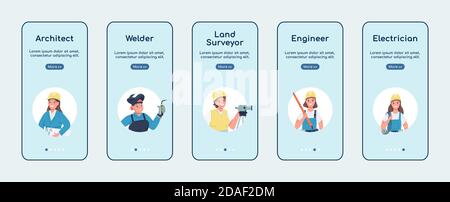 Non traditional women jobs onboarding mobile app screen flat vector template Stock Vector