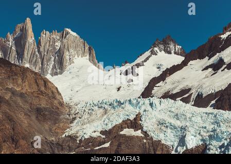 Glacier Piedras Blancas, seen from viewpoint on hike from Hosteria El Pilar to Laguna de Los Tres, El Chalten, Los Glaciares National Park, Patagonia Stock Photo