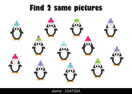 Find two identical pictures, fun education game with penguins in cartoon style, for children, preschool worksheet activity for kids,, task for the Stock Vector