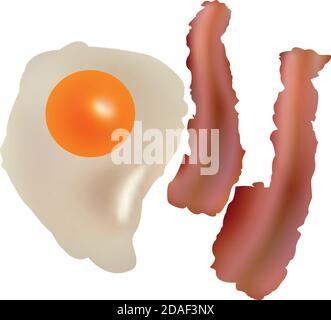Vector 3d realistic english breakfast - tasty bacon, fried egg. Delicious, healthy food isolated on white background. Natural nutrition Stock Vector