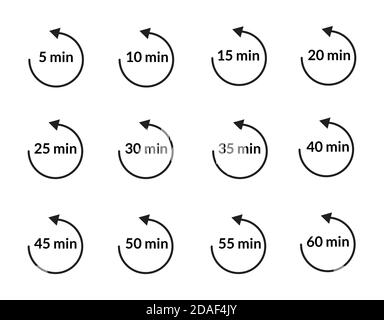 Minutes timer with arrow icons set. From 5 to 60 min cooking time symbols isolated on white Stock Vector