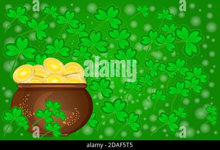 Saint Patricks day card with pot full of golden coins and shamrock.  Patrick's Day banner with gold in pot and copy space in clover background. Vector Stock Vector