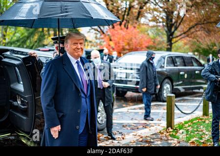Arlington, United States Of America. 11th Nov, 2020. Arlington, United States of America. 11 November, 2020. U.S President Donald Trump, and First Lady Melania Trump arrive at Arlington National Cemetery November 11, 2020 in Arlington, Virginia. Trump along with Vice President Mike Pence arrived for the annual Veterans Day Observances. Credit: Elizabeth Fraser/U.S. Army Photo/Alamy Live News Stock Photo