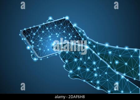 Hands holding mobile smartphone low poly wireframe Stock Vector