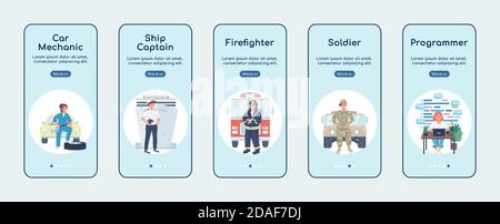 Non traditional women jobs onboarding mobile app screen flat vector template Stock Vector