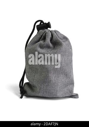 Gray Drawstring Bag on White Background Stock Photo