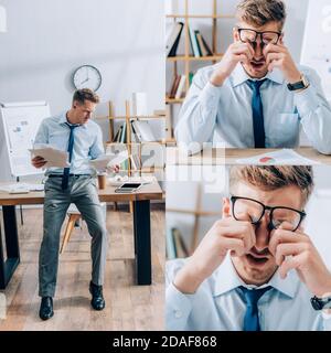 Collage of businessman working with papers and touching eyes in office Stock Photo