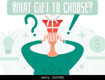 What gift to choose concept. Shocked man in a New Year or Christmas suit chooses gifts. Isolated New Year male. Flat cartoon Vector stock illustration Stock Vector