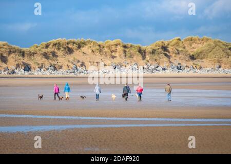 Dog walkers on a beach Stock Photo