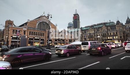 Kyiv, Ukraine - Nov. 16, 2019: The streets of Kyiv. Old and new architecture of Kyiv. Panorama view of the Bessarabian market and the Аrena Citi shopp Stock Photo