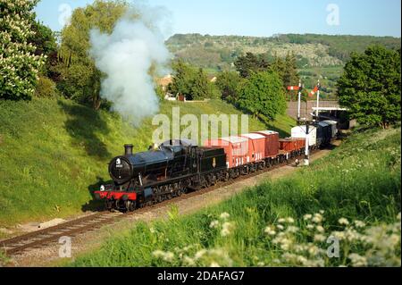 '3850' leaving Winchcombe with a goods train and heading towards Greet Tunnel. Stock Photo