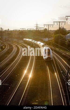 Essen, Ruhr Area, North Rhine-Westphalia, Germany - Tracks against the light of the evening sun, RRX train to Hamm. Stock Photo