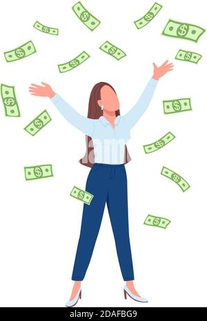 Business woman throwing cash up flat color vector faceless character Stock Vector