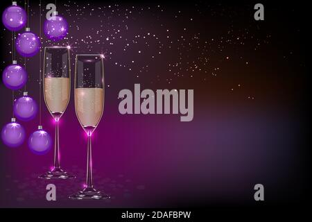 Christmas and New Year holiday banner with glasses of champagne and christmas balls on dark background.Wine glasses of fizzy drink.Vector illustration Stock Vector