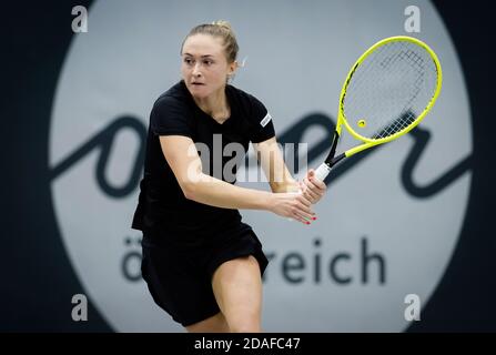 Aliaksandra Sasnovich of Belarus in action against Bernarda Pera of the United States during the first round at 2020 Upper Austria Ladies Linz WTA I P Stock Photo