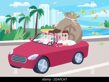 Successful man in car with money bag flat color vector illustration Stock Vector