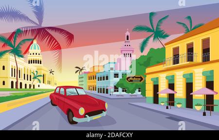 Havana landscape flat color vector illustration Stock Vector