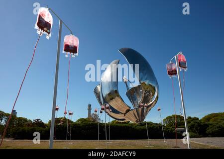 Buenos Aires, Argentina, 11th November 2020. Bags of blood in front of one of the symbols of the Argentine capital, the Floralis Generica monument. 'Alquimia' is a public exhibition of the Argentine contemporary artist Marcelo Toledo set up on the occasion of the 'National Day of Voluntary Blood Donor' (November 9) in collaboration with the Civil Association 'Dale Vida”. Open to the public until November 15, 2020, from 8 to 20. Recoleta, Buenos Aires, Argentina, South America. Credit: Nicholas Tinelli/Alamy Live News. Stock Photo