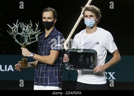 Winner Daniil Medvedev of Russia, finalist Alexander Zverev of Germany during the trophy ceremony of the men&#039;s final on day 7 of the Rolex Pari P Stock Photo