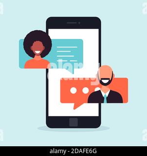 People chatting on mobile. multicultural communication concept. Chat notification on phone, messages bubbles on screen with avatars. Cartoon flat Vect Stock Vector