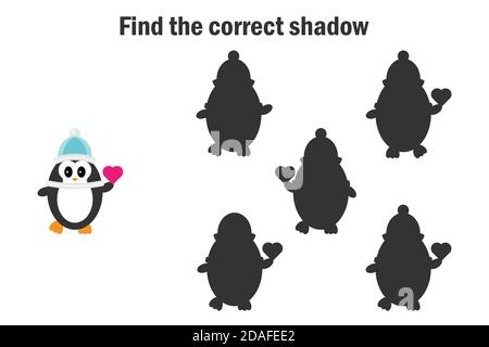 Find the correct shadow game for children, penguin in cartoon style, education game for kids, preschool worksheet activity, task for the development Stock Vector