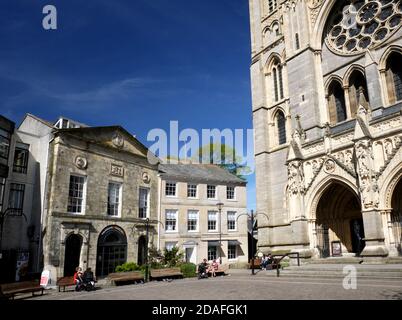 High Cross, Truro, Cornwall, showing the Georgian Assembly Rooms and part of the west front of Truro cathedral. Stock Photo