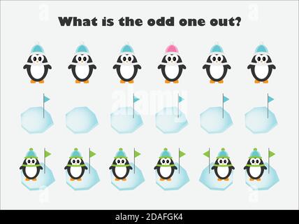 What is the odd one out for children, penguins in cartoon style, fun education game for kids, preschool worksheet activity, task for the development Stock Vector