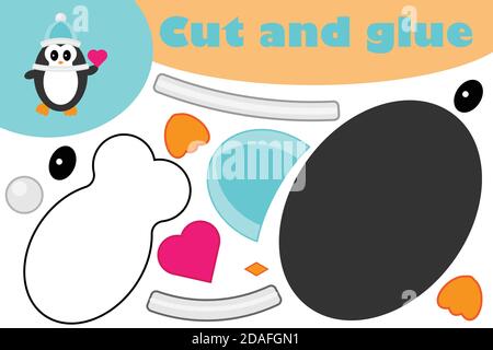 Penguin cartoon style, education paper game for the development of preschool children, use scissors and glue to create the applique, cut parts of the Stock Vector