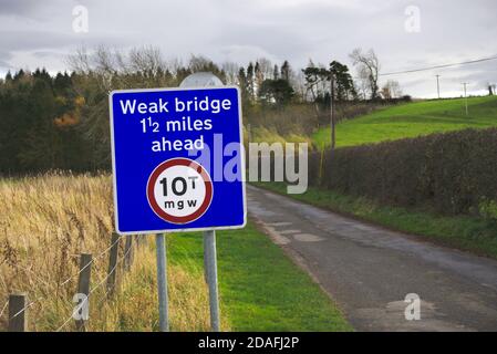 Weak bridge road sign showing a maximum gross weight limit of 10 tonnes, Carham on Tweed, Northumberland, UK. Stock Photo