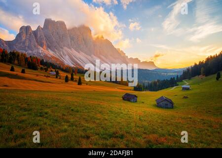 Beautiful autumn colors at the foot of the Odle Mountains in the backdrop of the Seceda Mountains at sunset in the Dolomites, Trentino Alto Adige, Val Stock Photo