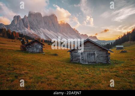 Beautiful autumn colors at the foot of the Odle Mountains in the backdrop of the Seceda Mountains at sunset in the Dolomites, Trentino Alto Adige, Val Stock Photo