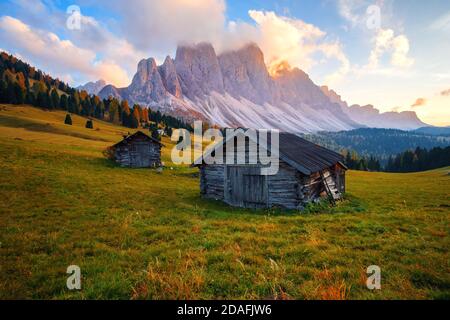 Beautiful autumn colors at the foot of the Odle Mountains in the backdrop of the Seceda Mountains at sunset in the Dolomites, Trentino Alto Adige, Val Stock Photo