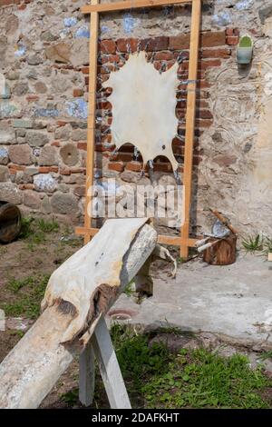 The leather was stretched for making drum, Bergama,Turkey Stock Photo