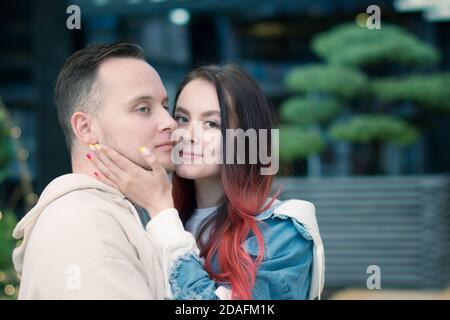 Young happy couple in love on a walk. Loving couple. Portrait of a fabulous couple.  Stock Photo
