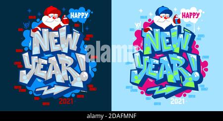 Happy New Year 2021 With Santa Claus In Graffiti Style Font Lettering Vector Illustration Art Stock Vector